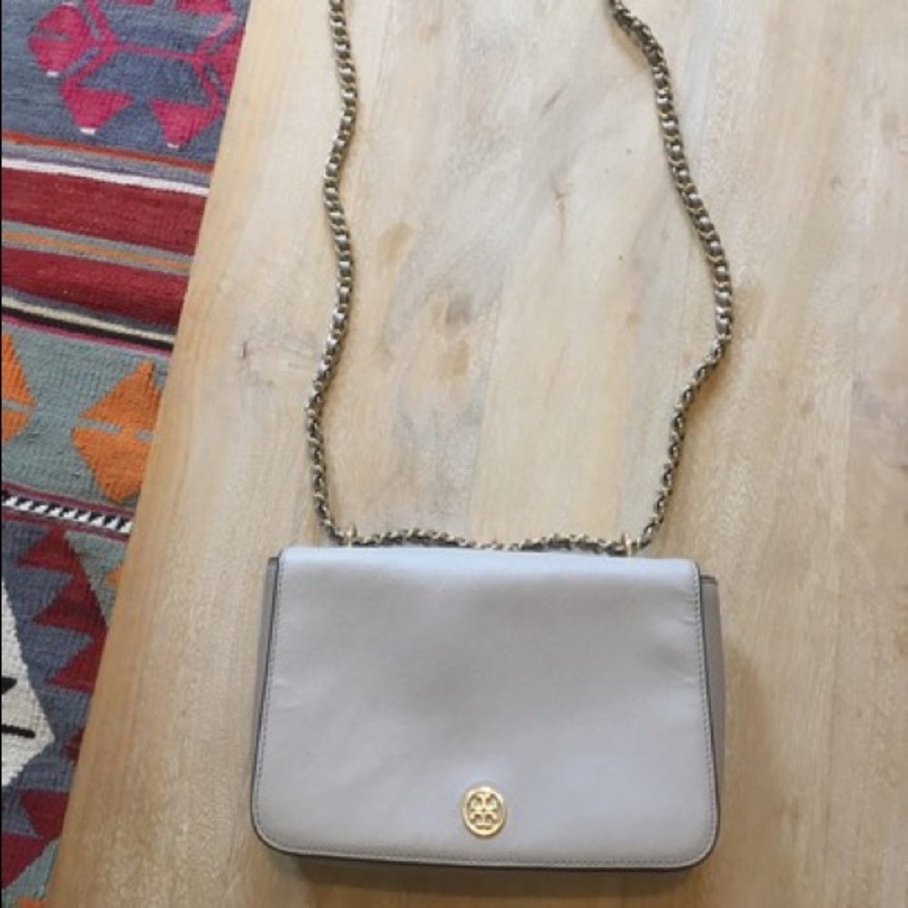 Tory Burch Robinson Neutral Gray Leather Purse